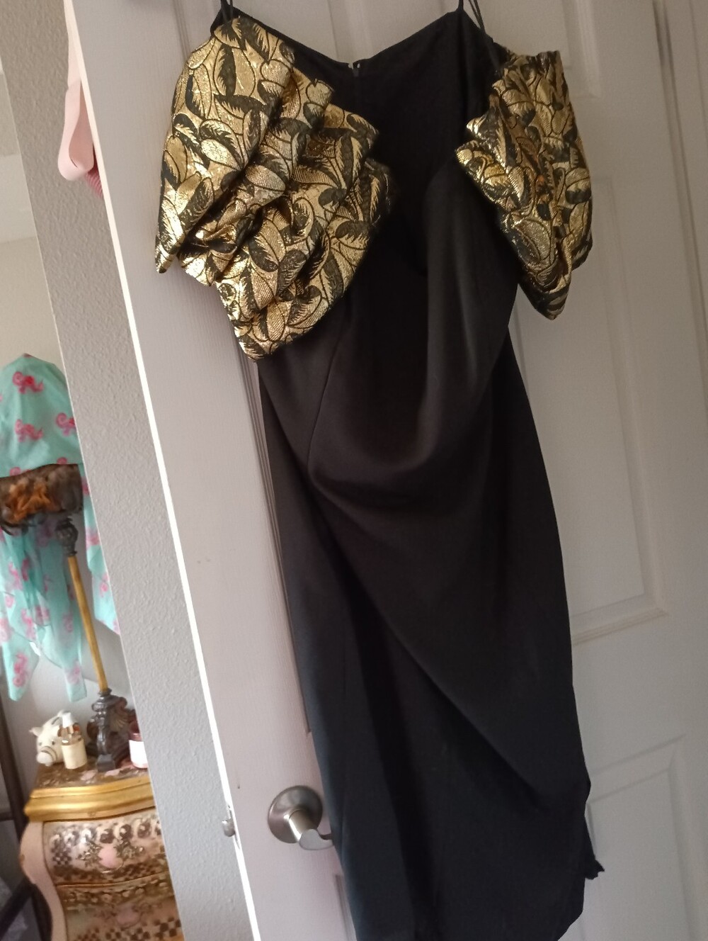 Vintage Black Dress with Gold Leaf Accent - Elegant Off-Shoulder